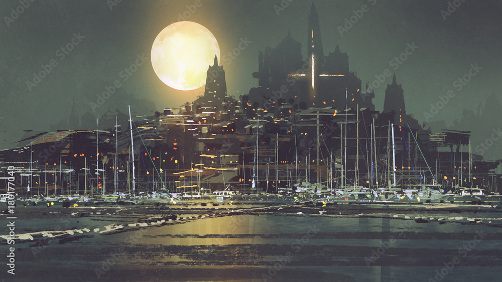 月光下的港口城市夜景，数字艺术风格，插图绘画