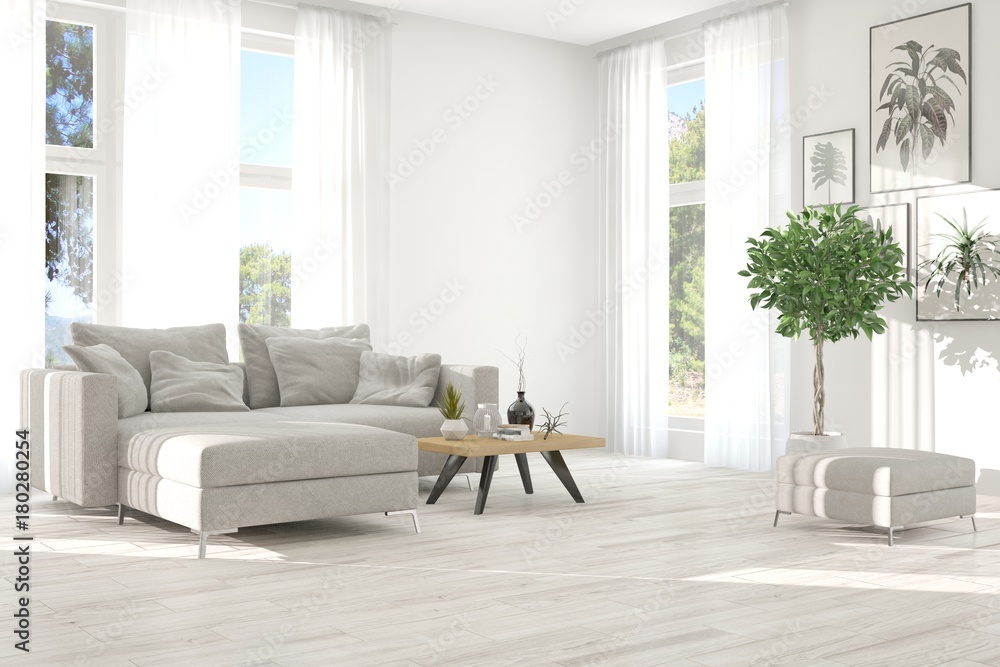 带沙发和窗户的白色房间的想法。斯堪的纳维亚室内设计。3D插图