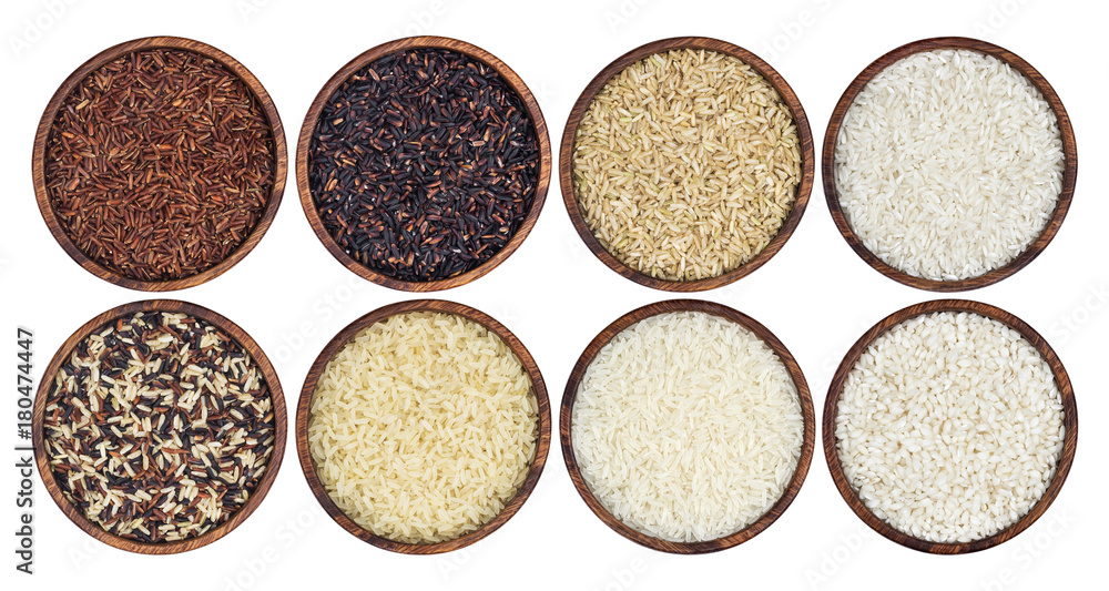 Rice collection isolated on white background. Top view