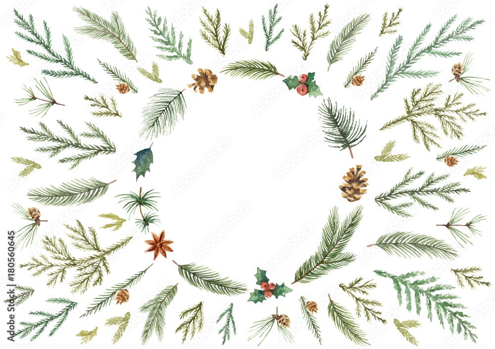 水彩矢量圣诞卡，带有冷杉树枝和文字位置。