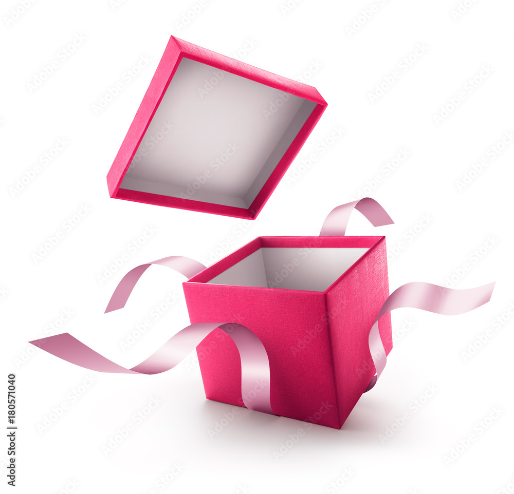 粉色开放式礼盒，白底隔离色带