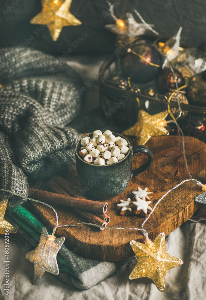 圣诞或新年冬季热巧克力配棉花糖、姜饼饼干和肉桂棒