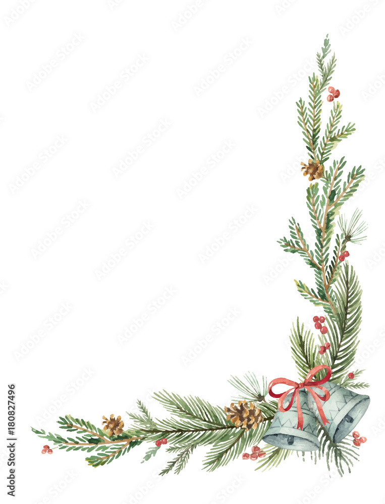 水彩矢量圣诞装饰角，带有冷杉树枝和铃铛。