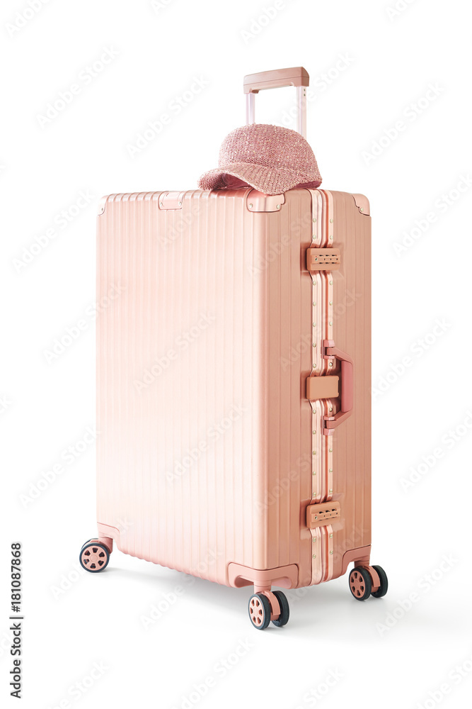 浅粉金色行李箱或行李，顶部有白色背景隔离的帽子。