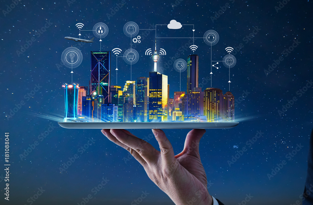 Waiter hand holding an empty digital tablet with Smart city with smart services and icons, internet 