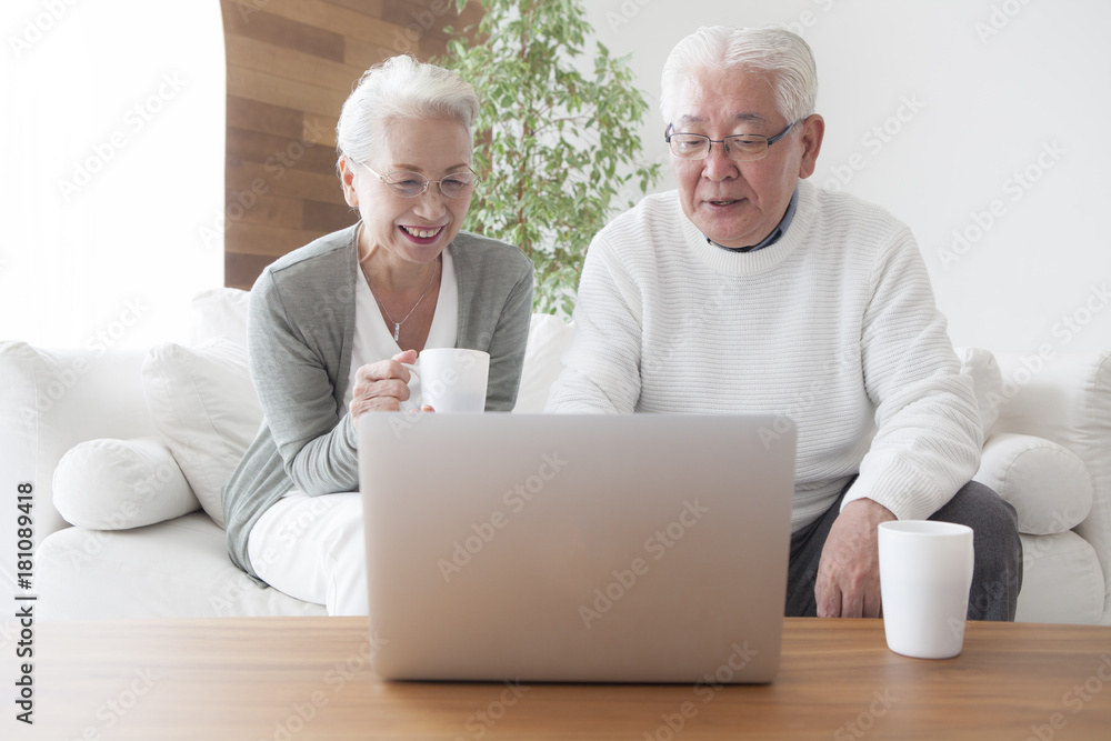 一对老年夫妇正在交朋友并练习个人电脑