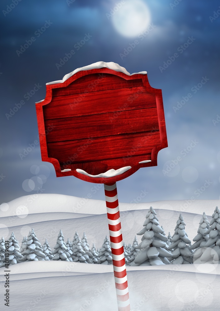 圣诞冬季景观中的木制路标