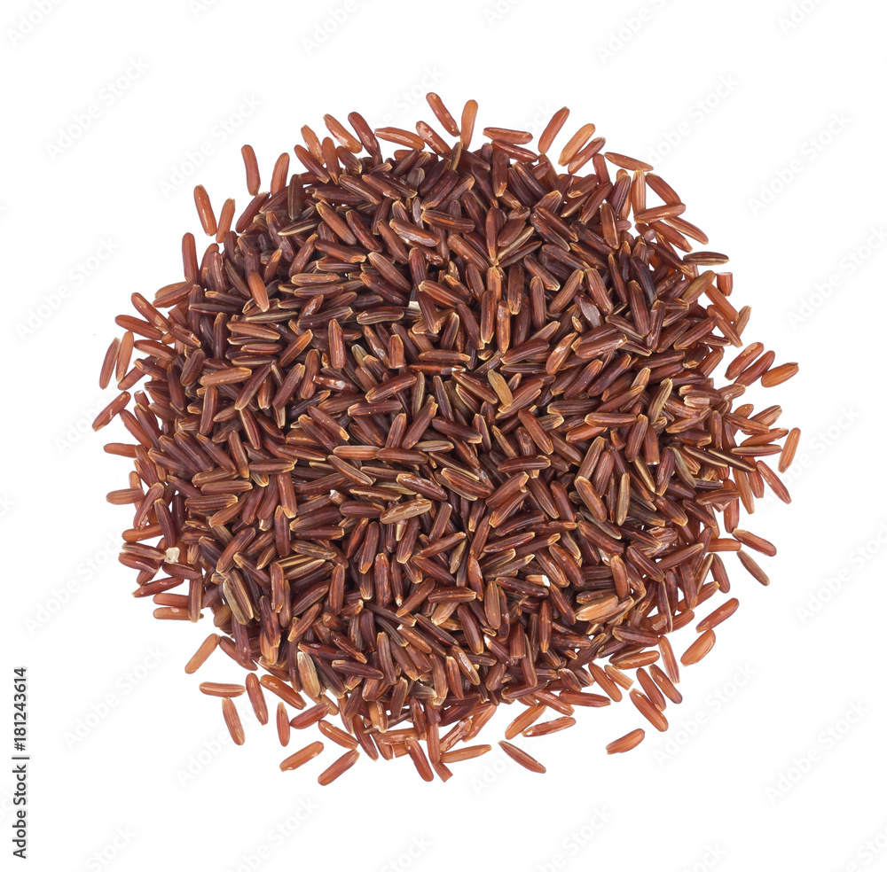 Pile of red rice groats isolated on white background. Top view
