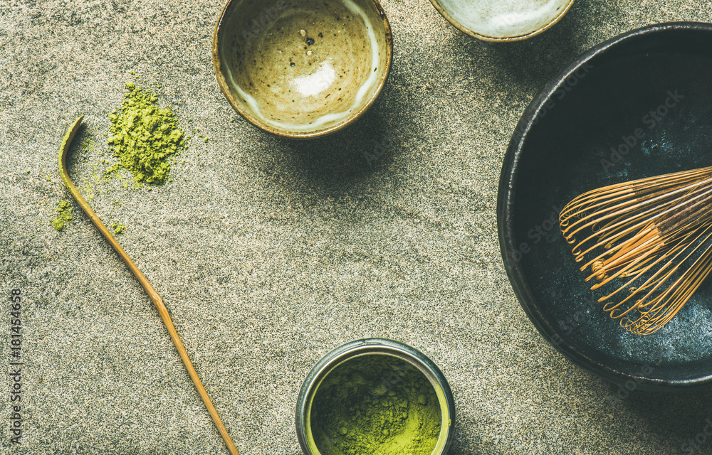 日本抹茶绿茶冲泡工具的平面图。锡罐抹茶粉，Chashaku勺子，C