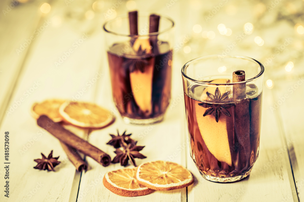 the Mulled wine in night celebration of  New Year party and delicious Christmas drink for autumn and