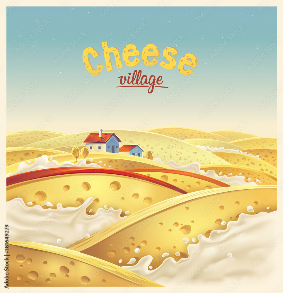 奶酪村——虚构的风景。牛奶飞溅中的奶酪片，矢量插图。