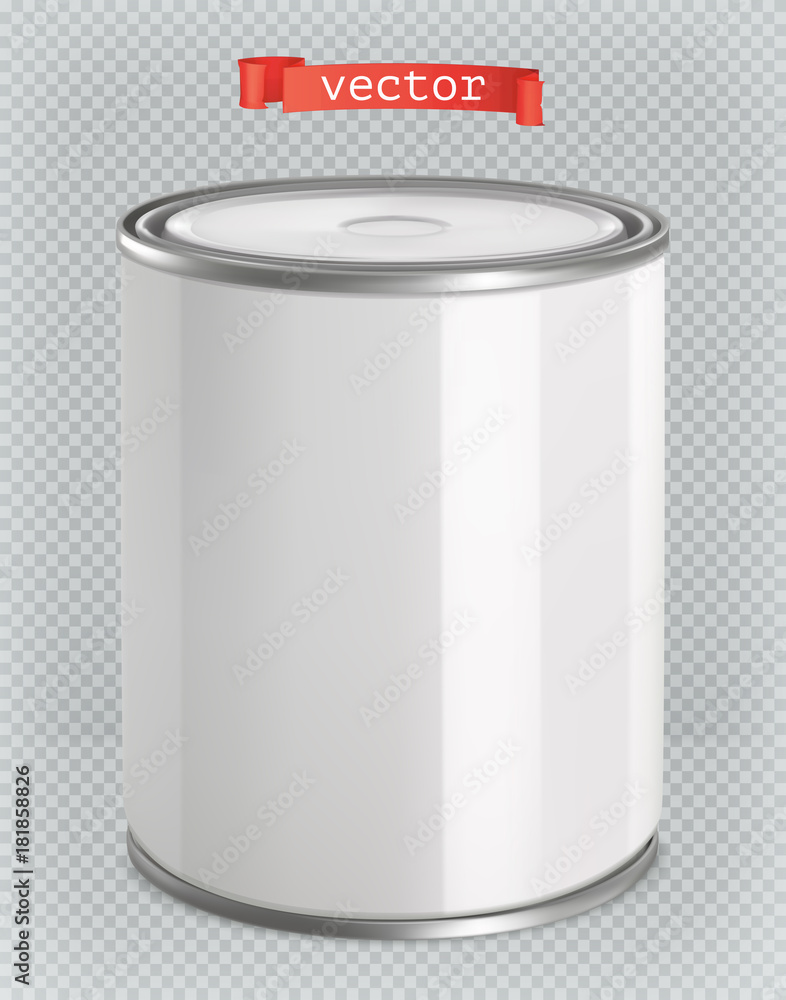 Packaging building and sanitary. White tin of paint. 3d realism, vector mockup