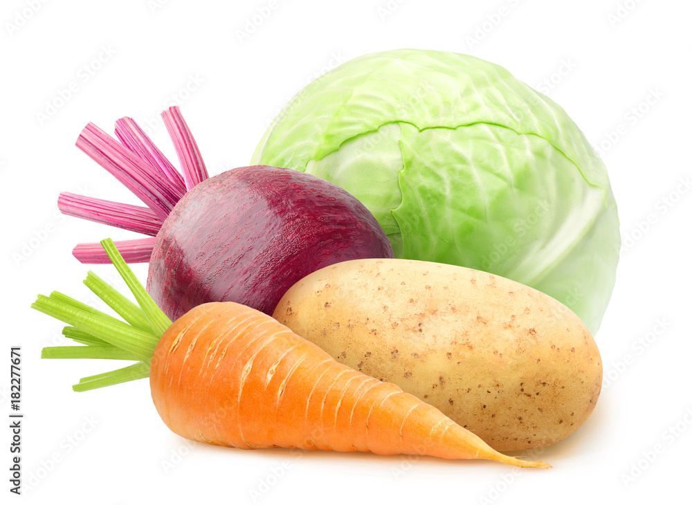 隔离蔬菜。生胡萝卜、土豆、甜菜根和卷心菜用夹子隔离在白底上