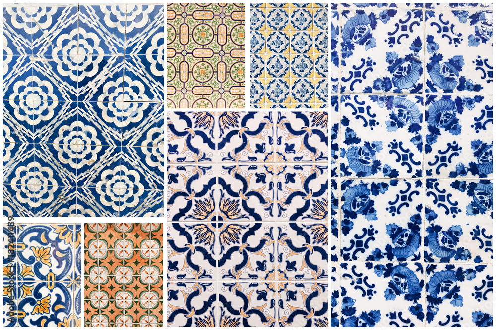 不同传统葡萄牙瓷砖的美丽拼贴，称为azulejos