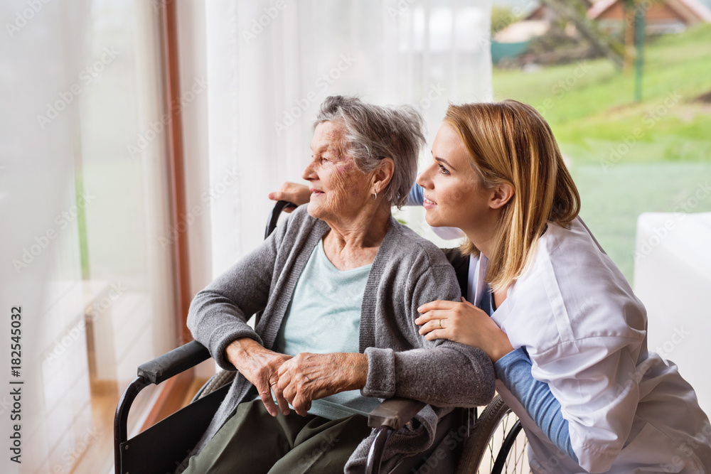健康访客和一名老年妇女在家访期间。