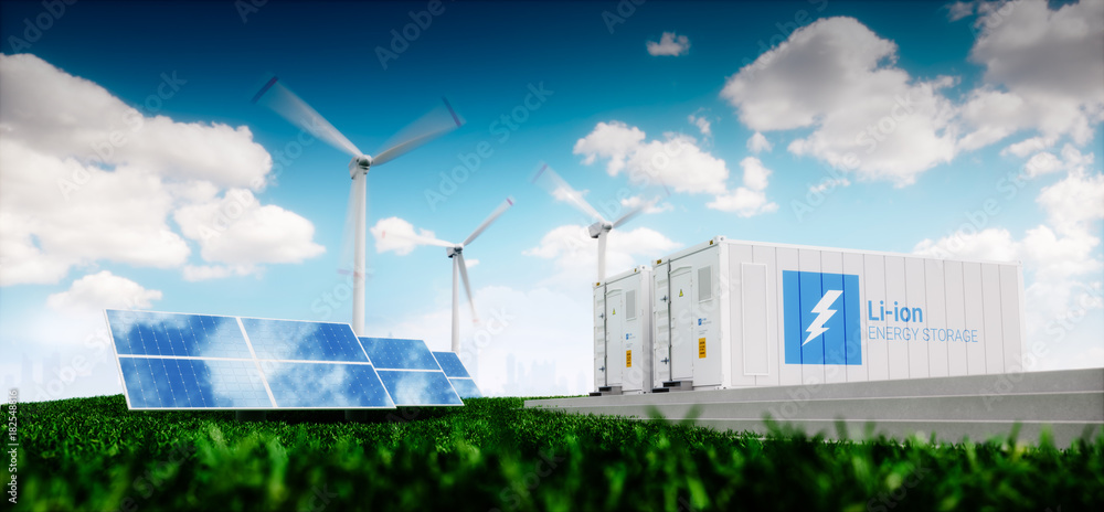 储能系统的概念。可再生能源——光伏、风力涡轮机和锂离子电池