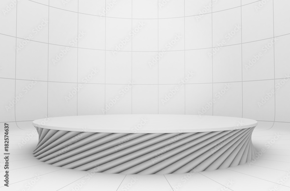 白色房间背景，圆形舞台平台