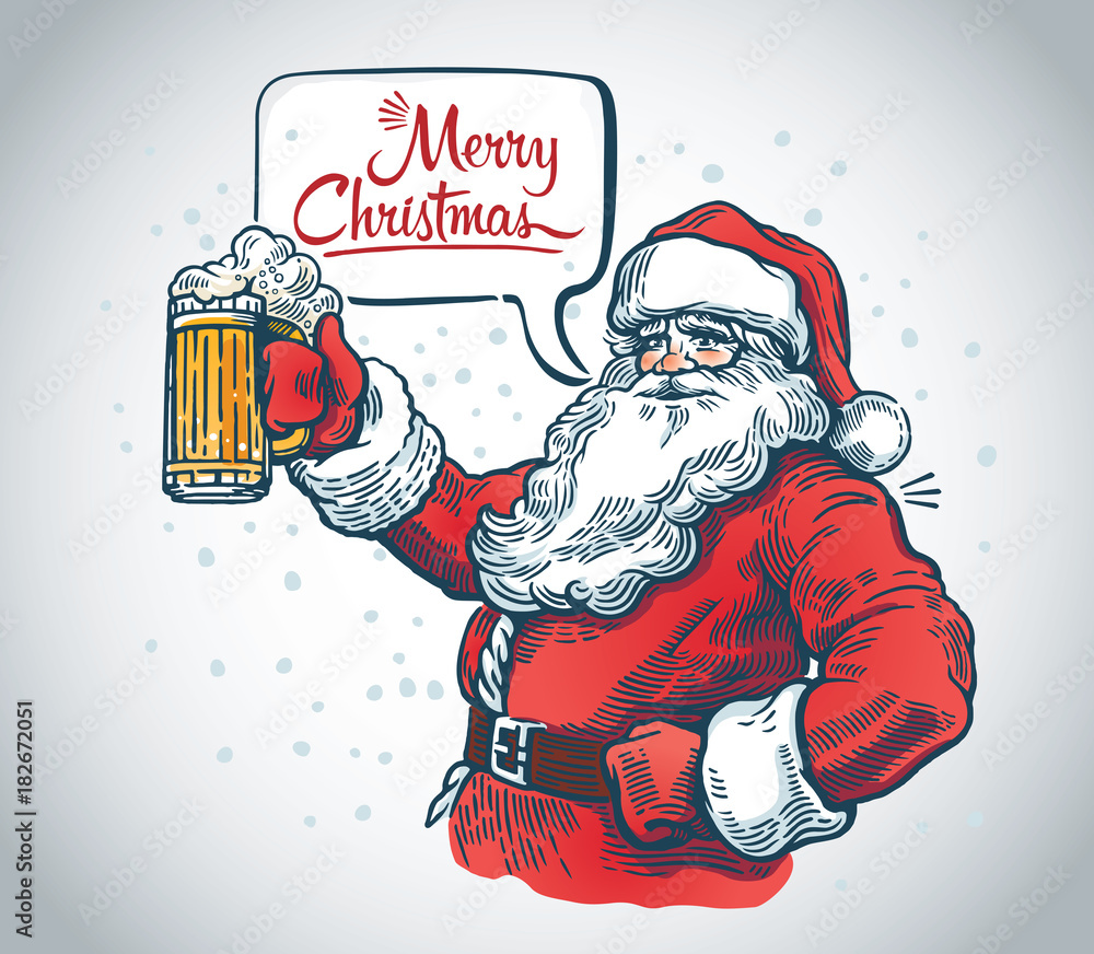 快乐的圣诞老人，手里拿着啤酒，还有一个演讲泡泡。