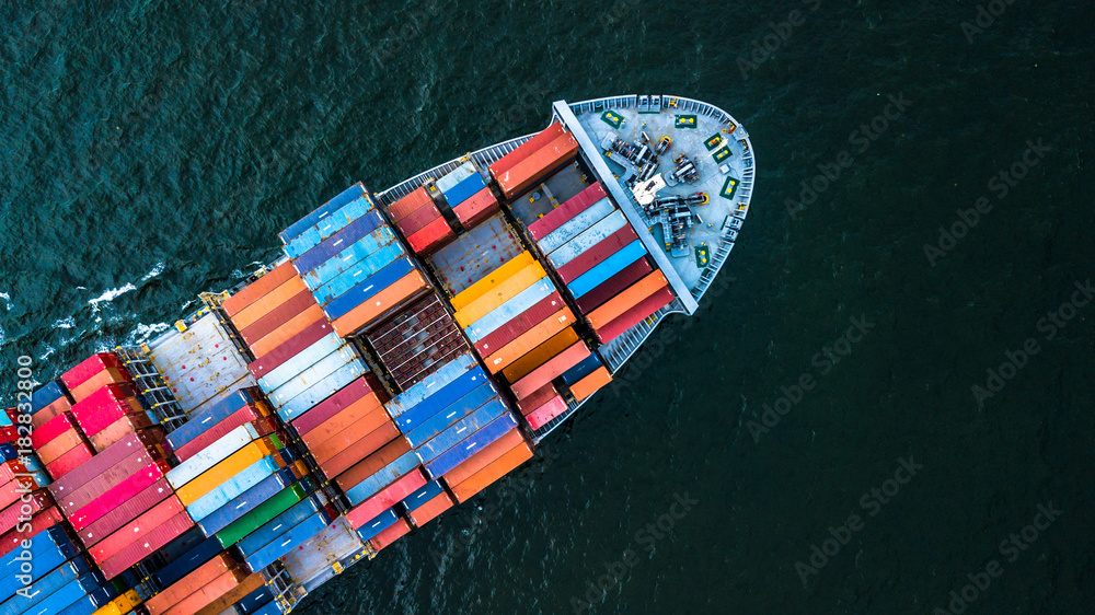 Aerial view from drone, Container cargo ship in import export business logistic and transportation o
