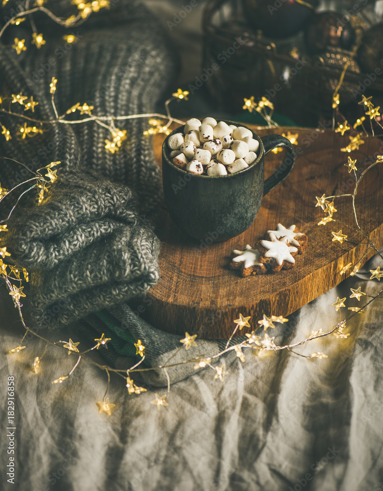 圣诞或新年冬季热巧克力配棉花糖和饼干，装在木板上的马克杯里