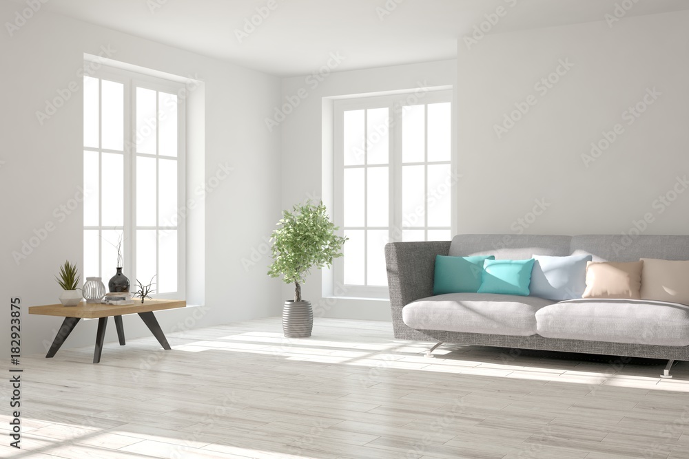 带沙发的白色极简主义房间的想法。斯堪的纳维亚室内设计。3D插图