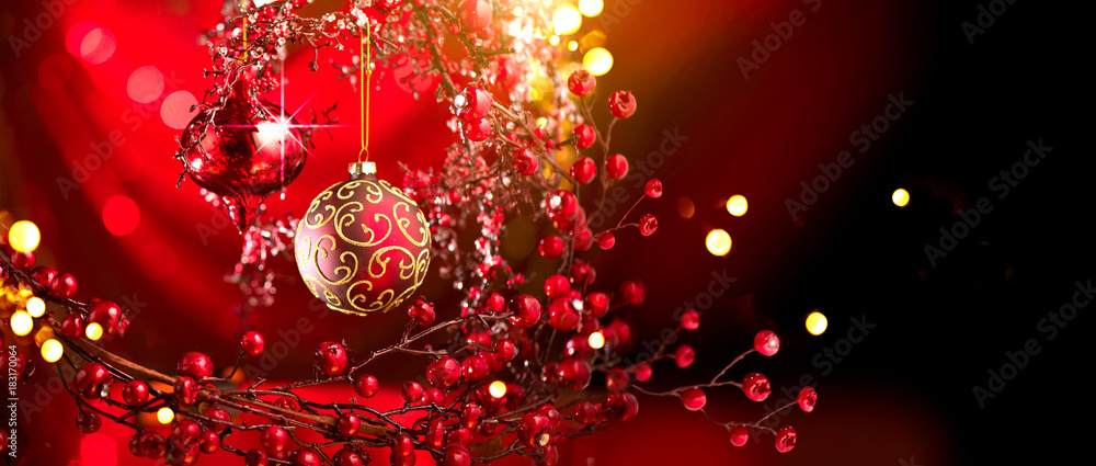 圣诞和新年红色装饰。抽象闪烁的节日背景