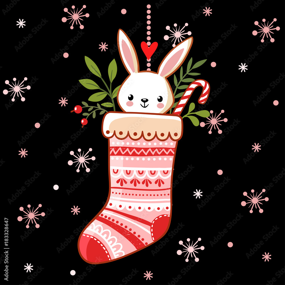 穿着圣诞袜的可爱兔子。儿童风格的新年矢量插图。