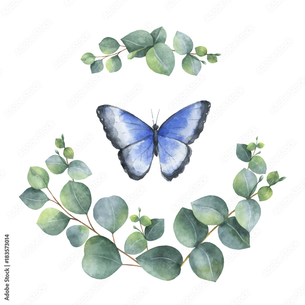 Watercolor vector wreath with green eucalyptus leaves and butterfly.