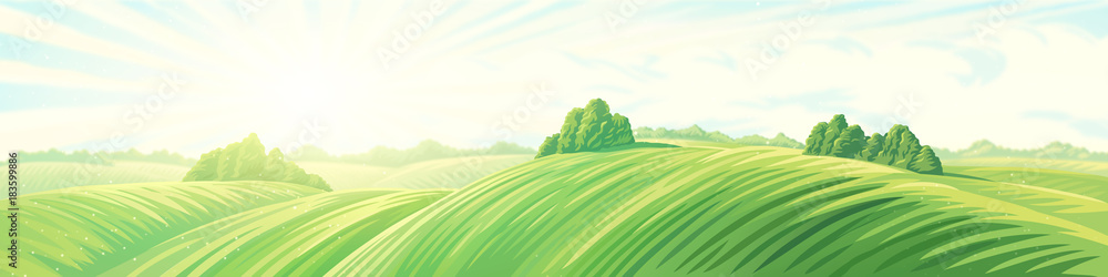 Morning rural panoramic landscape with hills. Raster illustration.