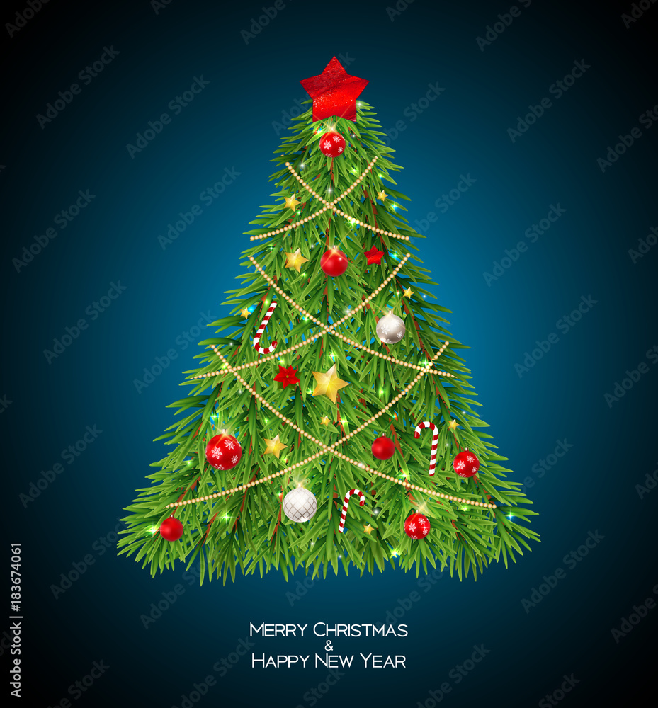 Merry Christmas and New Year Background with Christmas Tree. Vector Illustration 