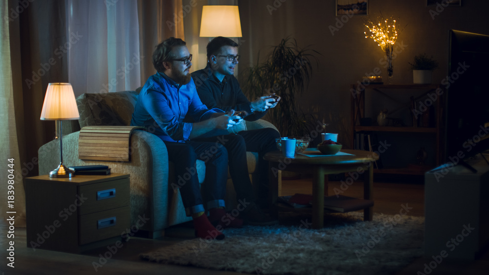 晚上两个朋友坐在客厅的沙发上玩竞技视频G