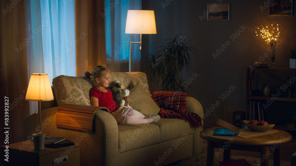 晚上，美丽的年轻女人在舒适的客厅里的沙发上放松。她用她的智慧