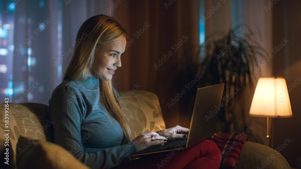 漂亮的年轻女人在客厅用笔记本电脑工作，她坐在沙发上用笔记本o