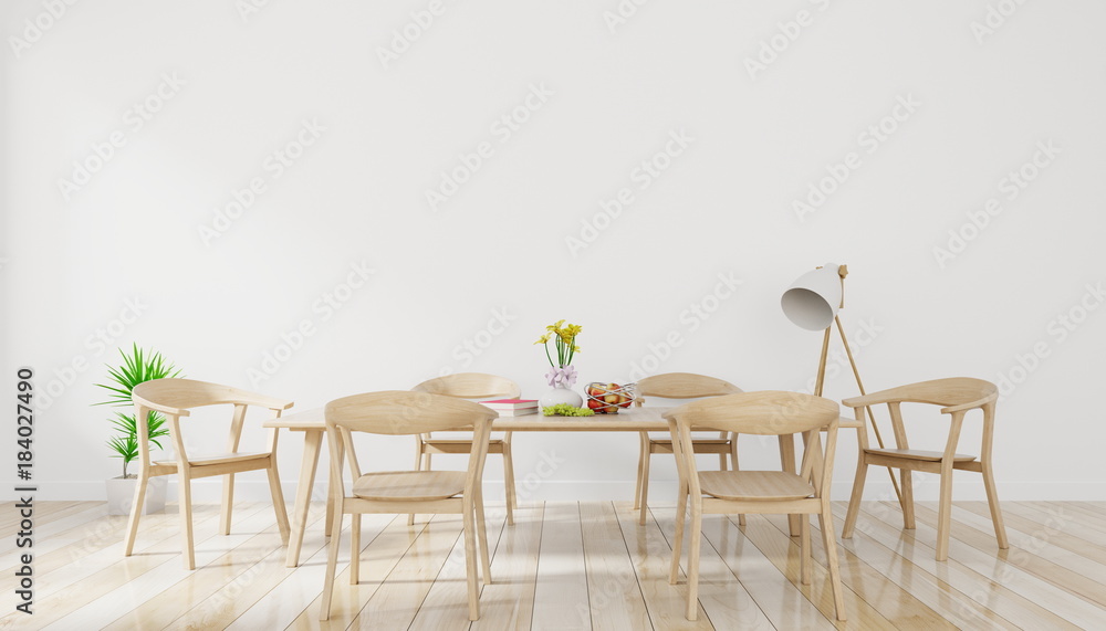 明亮宽敞的餐厅，木质大桌子和白色墙壁背景的灯，3D渲染
