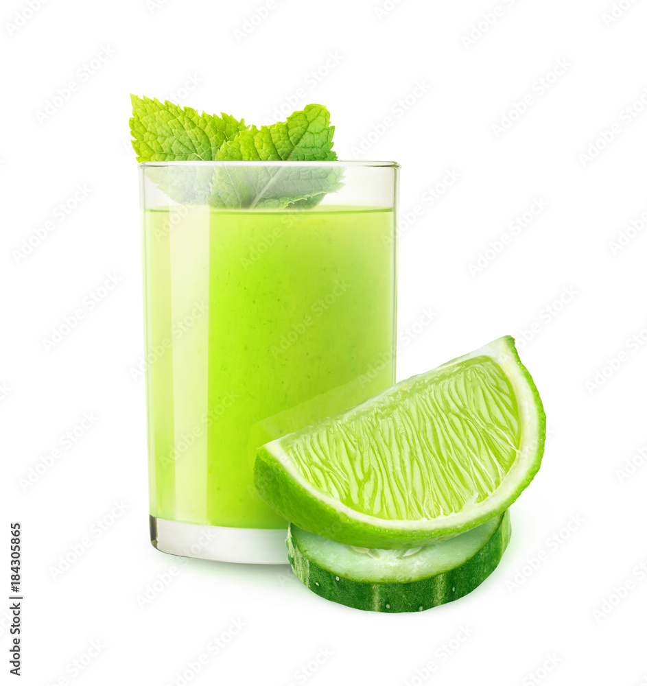 Isolated drink. Cucumber lime cocktail and pieces of fruits isolated on white background with clippi