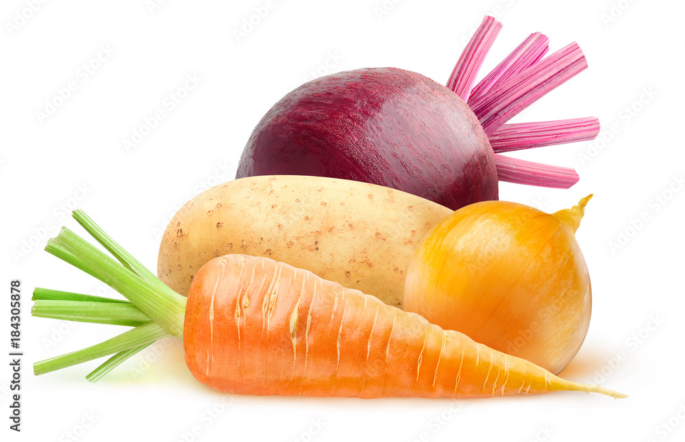 离根蔬菜。生胡萝卜、土豆、甜菜根和洋葱在白底上用c分离