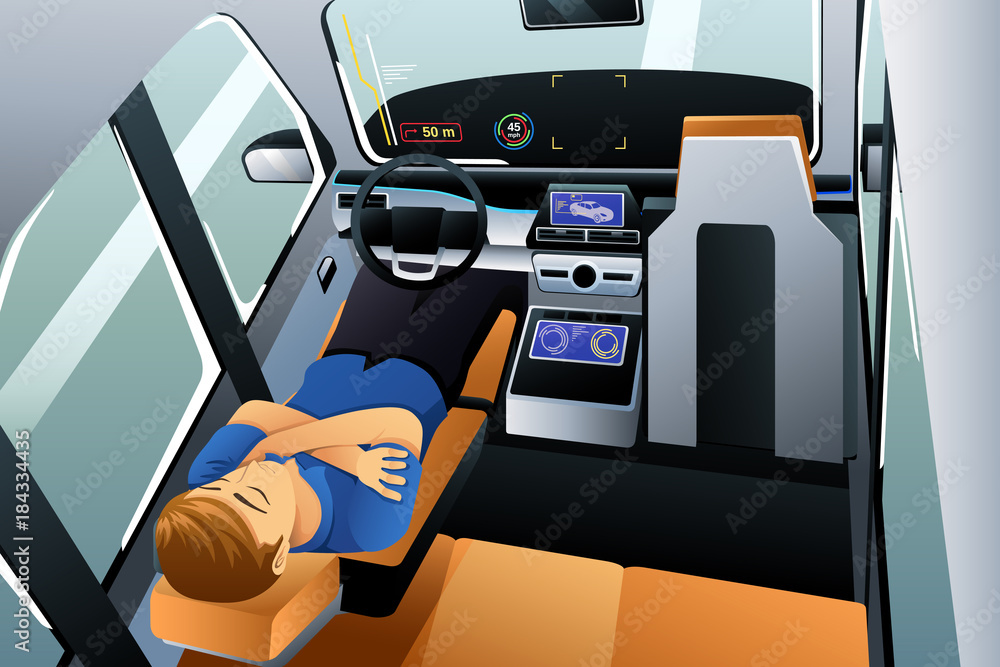睡在自动驾驶汽车里的男人插图