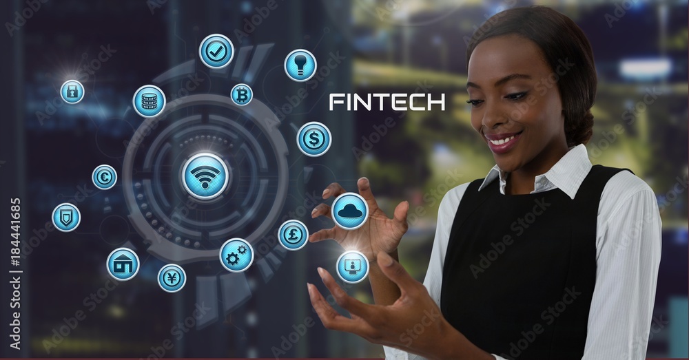 Businesswoman with hands palm open and Fintech with various