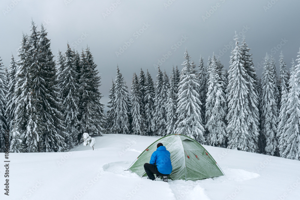 在白雪皑皑的松林背景下，绿色帐篷和游客。令人惊叹的冬季景观。Tou