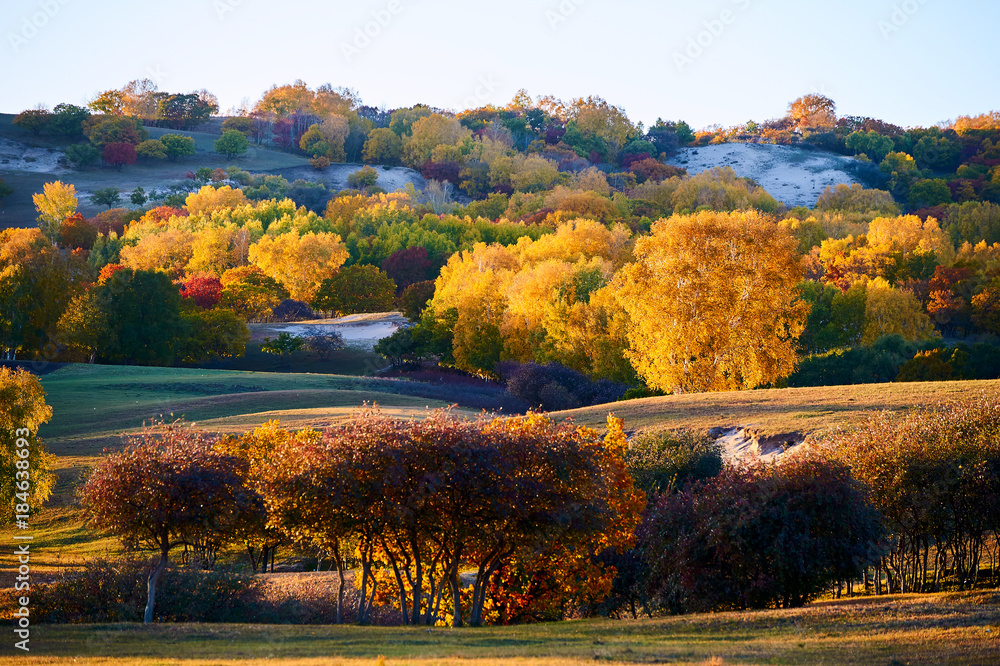 秋天的草原日落风景。