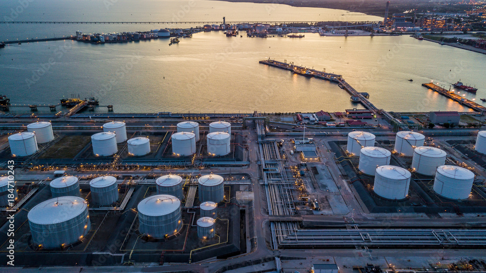 Aerial view oil terminal is industrial facility for storage of oil and petrochemical products ready 