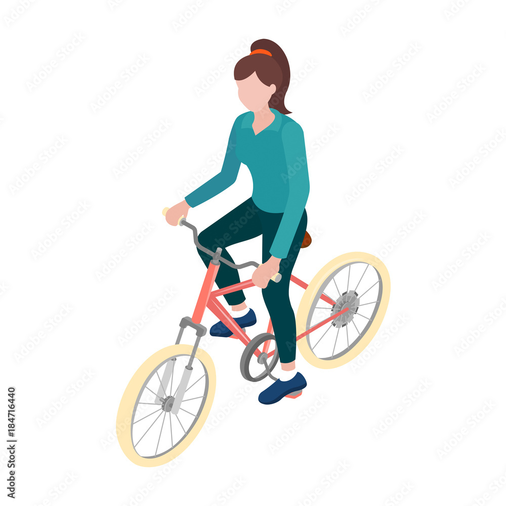 等距视图中骑自行车的运动女孩。信息图元素，设计。矢量插图EP