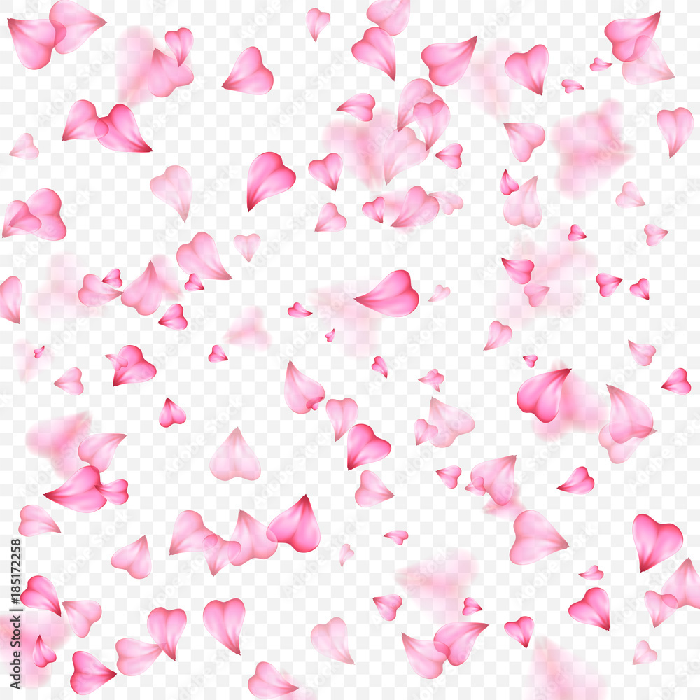 情人节的浪漫背景是粉红色的心形花瓣飘落。形状逼真的花瓣