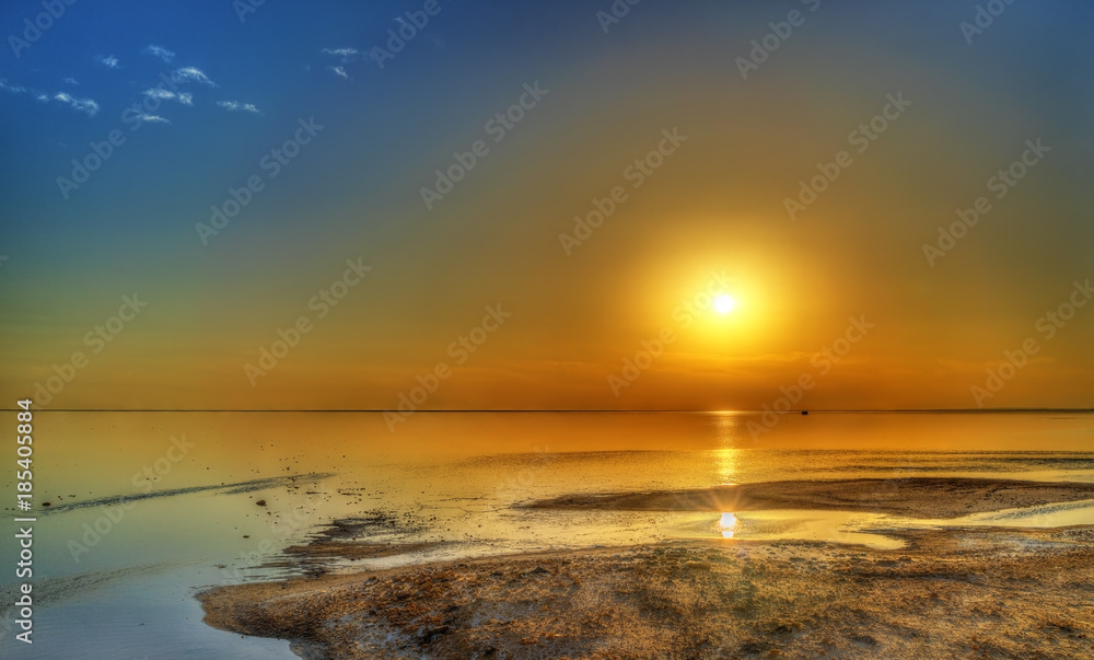 Sunset above Chott el Djerid, a dry lake in Tunisia