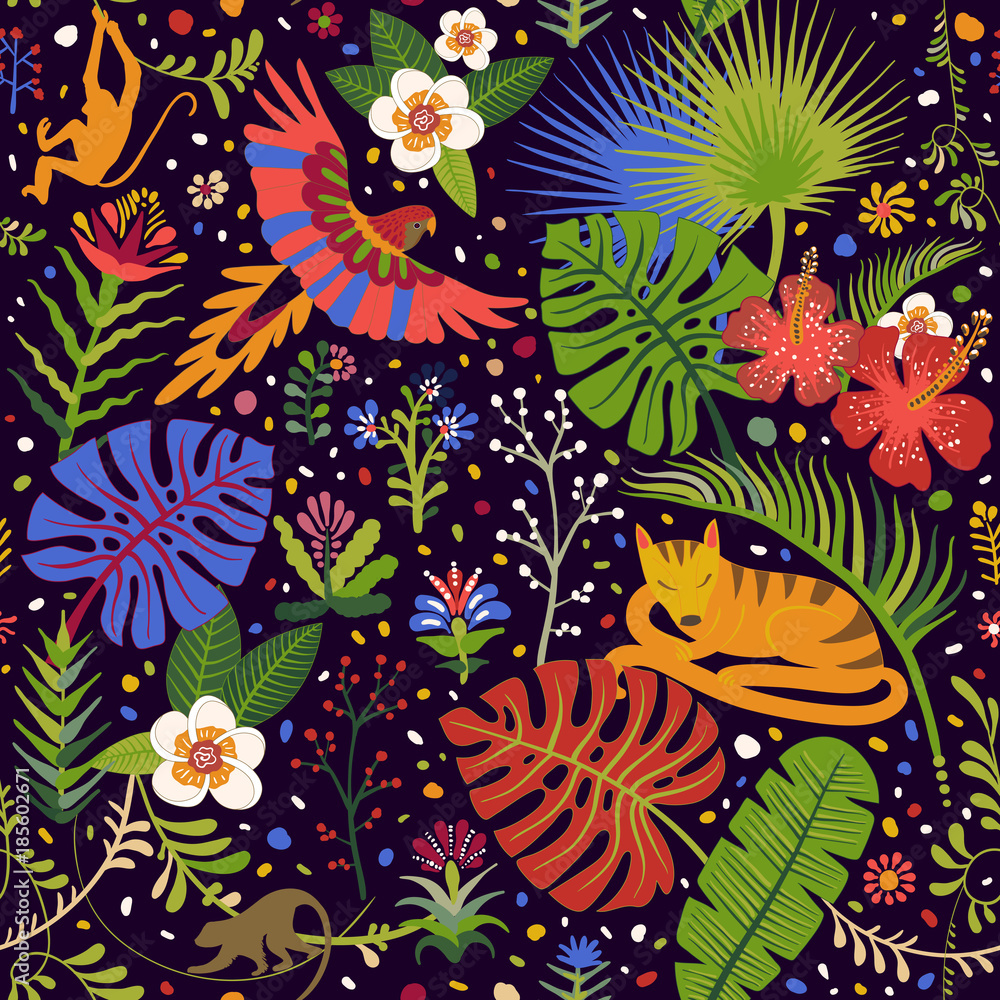 Vector明亮的无缝图案，带有热带植物、花卉和动物。tex的彩色壁纸
