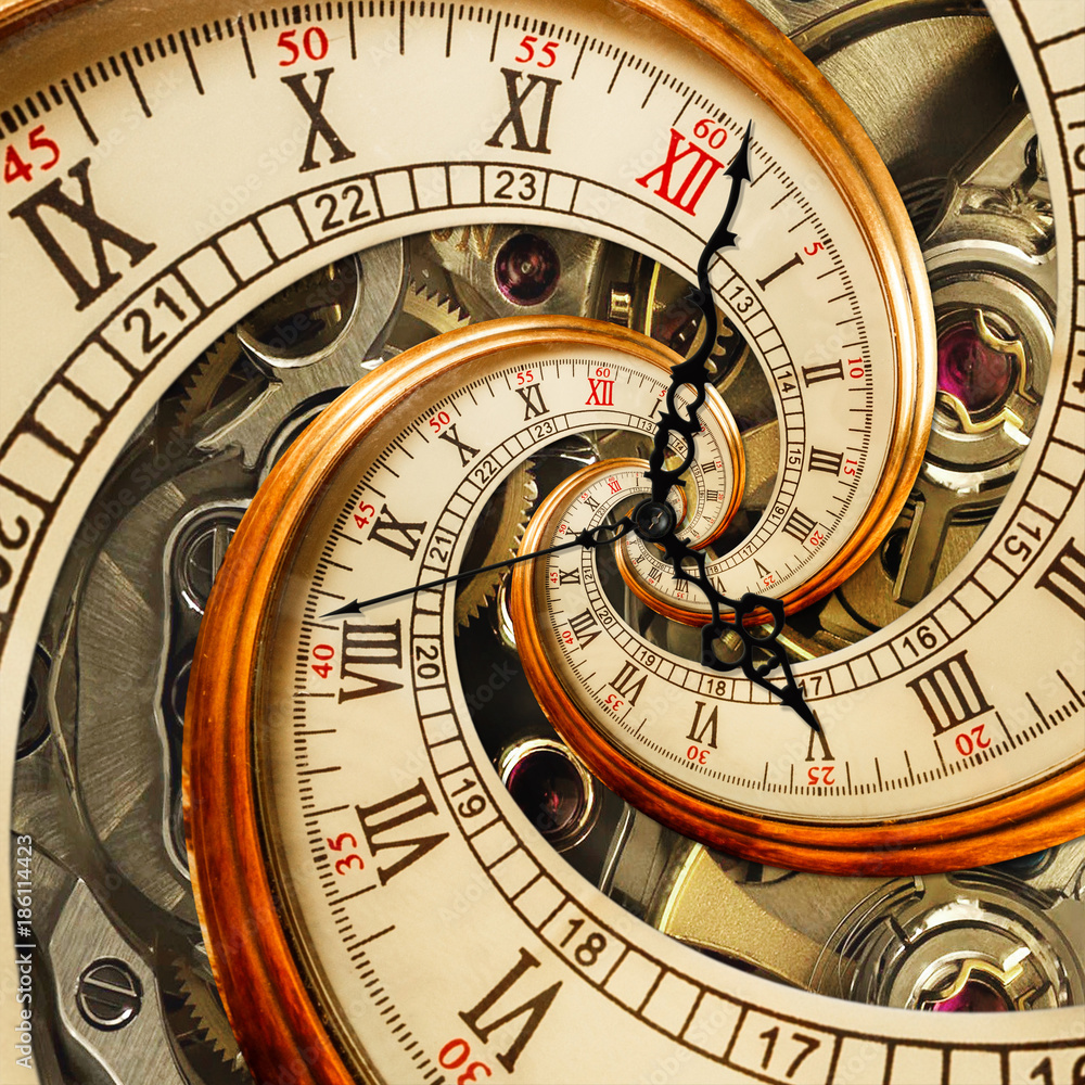 超现实古色古香的钟表抽象分形螺旋。机制不同寻常的抽象文字钟表