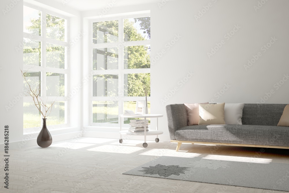 Idea of white room with sofa and summer landscape in window. Scandinavian interior design. 3D illust