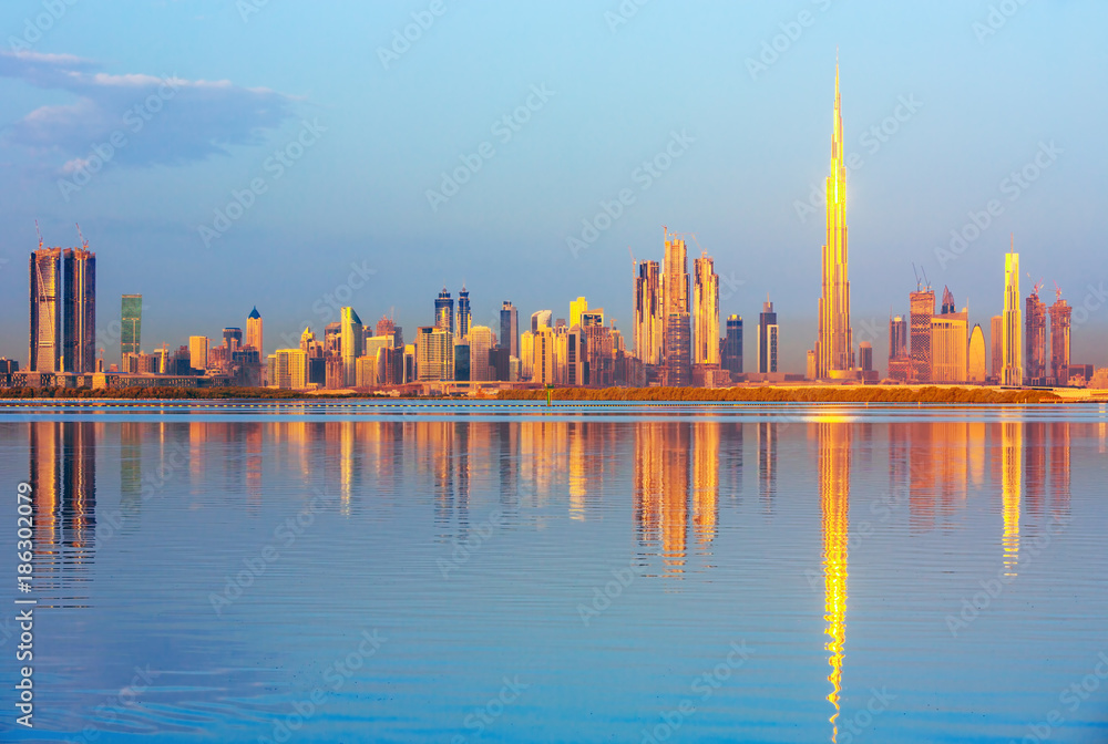 View on Dubai skyline at the sunrise, Dubai, United Arab Emirates 