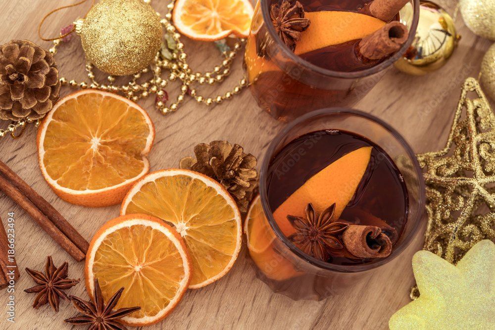 the Mulled wine in night celebration of  New Year party and delicious Christmas drink for autumn and