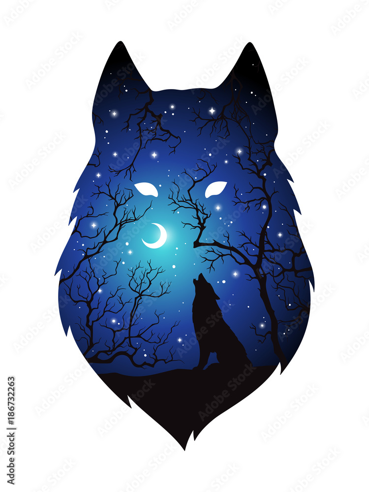 夜森林中的狼的双重曝光剪影，新月和星星的蓝天孤立无援